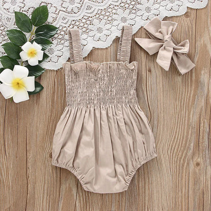 Solid Color Ruched  Rompers+Headband Set