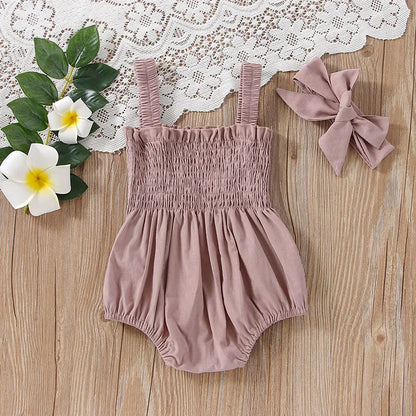 Solid Color Ruched  Rompers+Headband Set