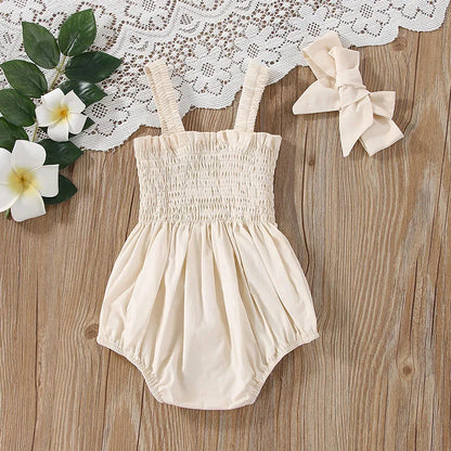 Solid Color Ruched  Rompers+Headband Set