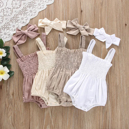 Solid Color Ruched  Rompers+Headband Set